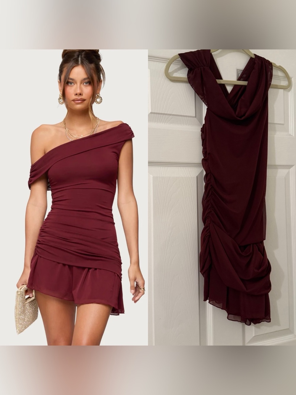 NWT Edikted Gesibelle Off Shoulder Mesh Mini Burgundy Dress